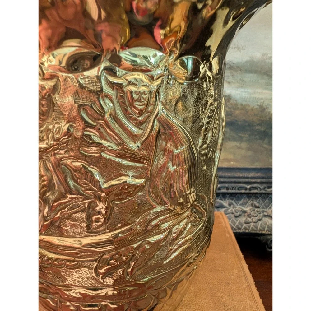 Vintage Embossed Brass Planter Tavern Scene Made in India 9x7.5 Twisted Rope Rim